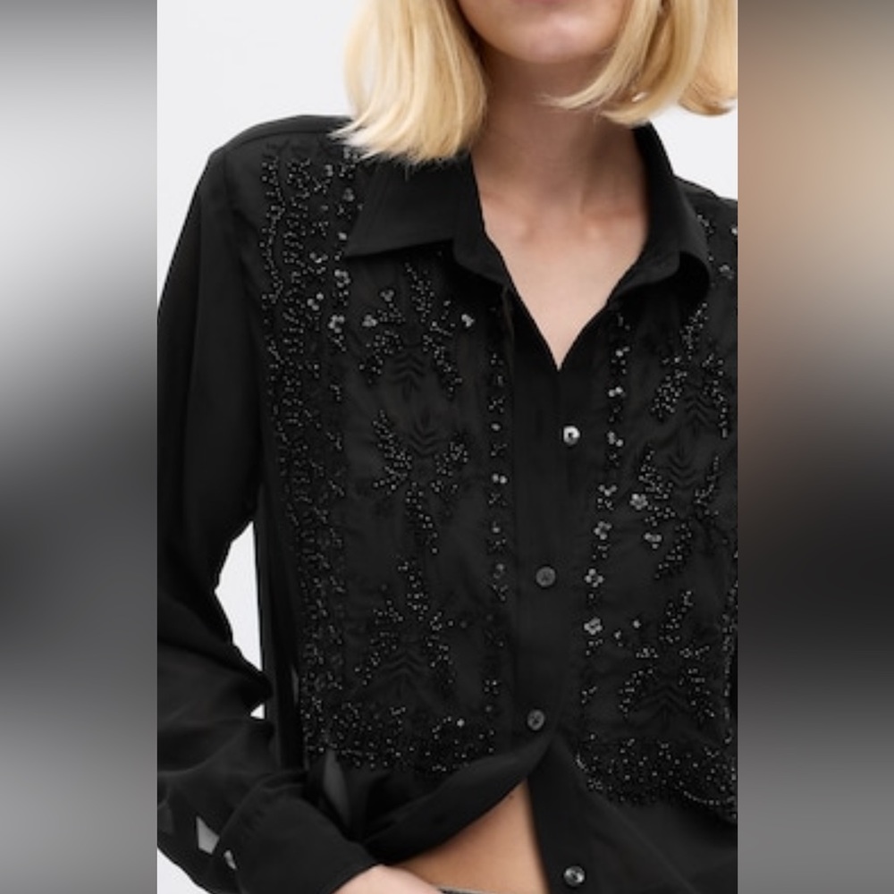 Gap Beaded Boyfriend Shirt Black Sheer Medium